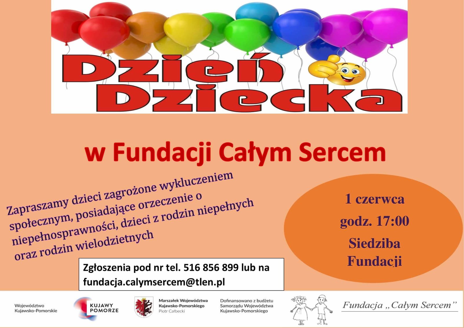 Dzień Dziecka w Fundacji „Całym Sercem”. Zapraszamy dzieci zagrożone wykluczeniem społęcznym, posiadające orzeczenie o niepełnosprawności, dzieci z rodzin niepełnych oraz rodzin wielodzietnych. 1 czerwca godz. 17:00 Siedziba Fundacji